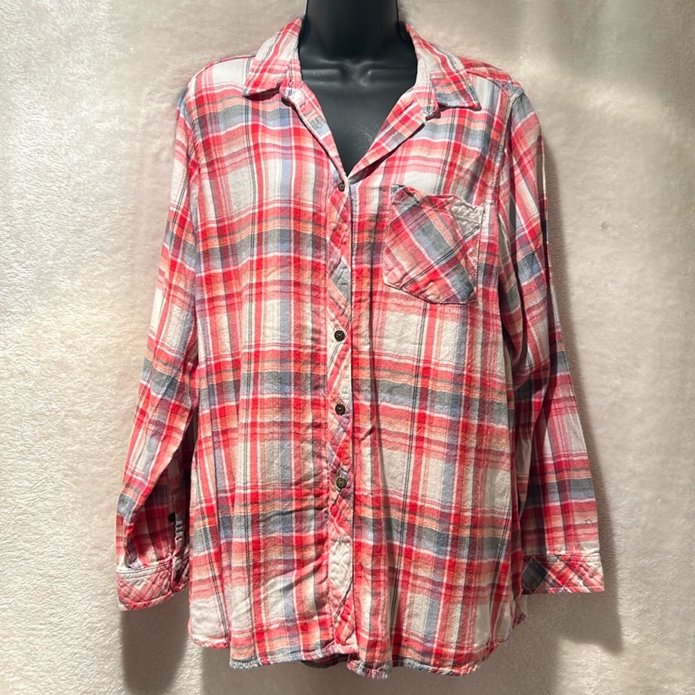 SONOMA 🍁 RED/PINK/BLUE COTTON BLEND FLANNEL BUTTON DOWN PLAID SHIRT Women’s 1X
